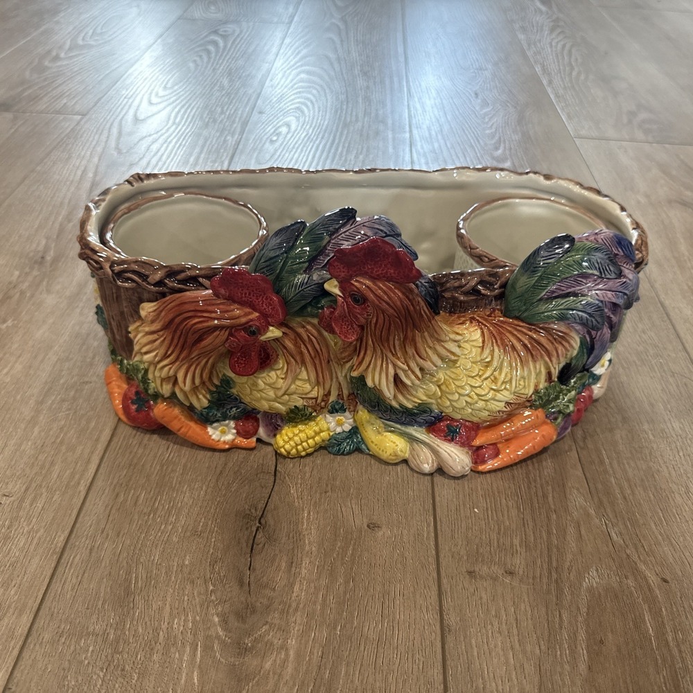 RARE Vintage Fitz and Floyd Coq Du Village Rooster 2 Herb Pots and Tray Planter